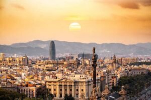 City view of Barcelona at sunset
