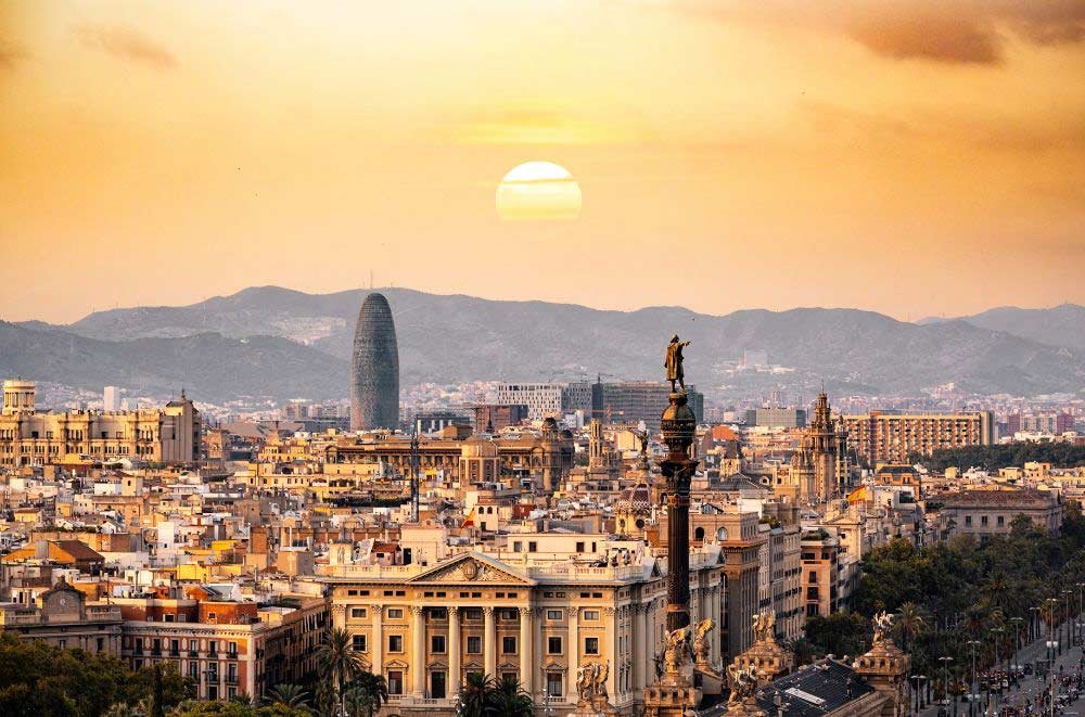City view of Barcelona at sunset